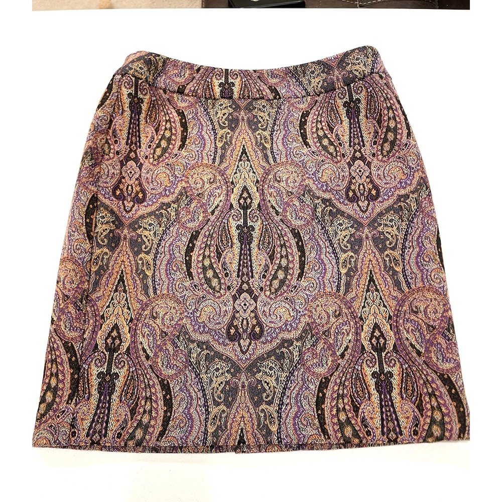 Ann Taylor Petite Mini Skirt Womens 4P Purple Paisley Jacquard‎ Brocade Zip Back